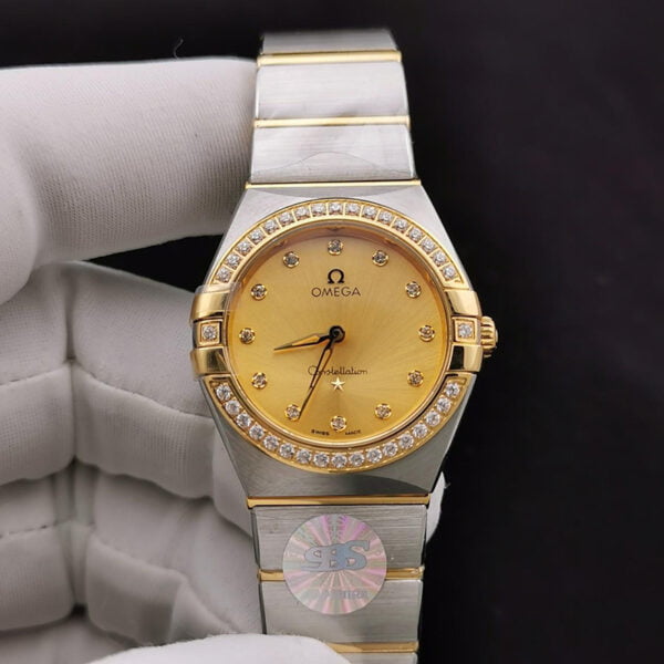 dong ho nu omega constellation mat vang dinh da replica 28mm 9