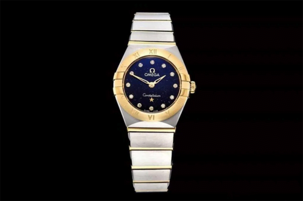 dong ho nu omega constellation mat xanh day trang replica 25mm