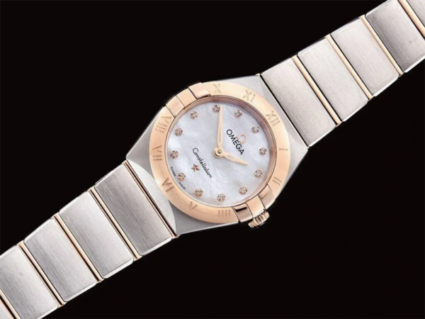 dong ho nu omega constellation vien hong day trang replica 25mm 1