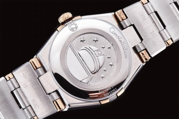 dong ho nu omega constellation vien hong day trang replica 25mm 4