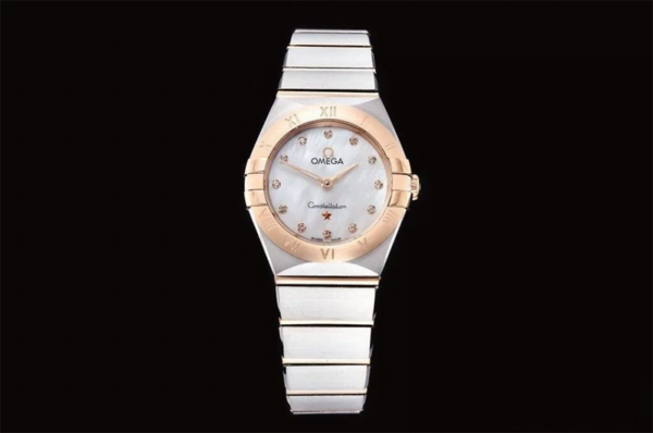 dong ho nu omega constellation vien hong day trang replica 25mm