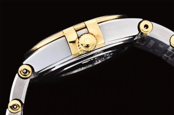 dong ho nu omega constellation vien vang day trang replica 25mm 3