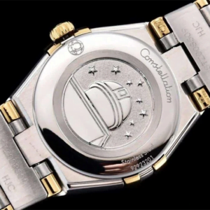 dong ho nu omega constellation vien vang day trang replica 25mm 5