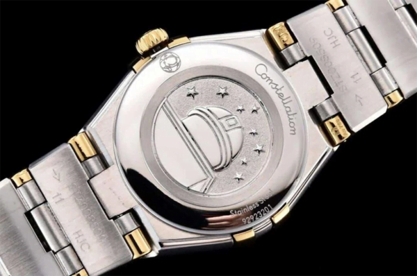 dong ho nu omega constellation vien vang day trang replica 25mm 5