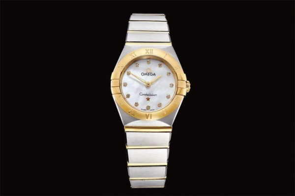 dong ho nu omega constellation vien vang day trang replica 25mm