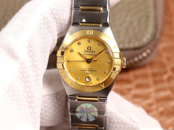 dong ho nu omega constellation mat vang vien tron replica 29mm 1