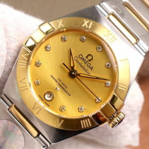 dong ho nu omega constellation mat vang vien tron replica 29mm 3