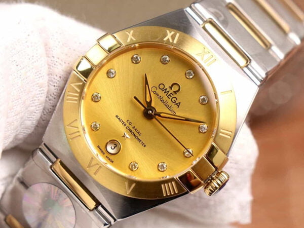 dong ho nu omega constellation mat vang vien tron replica 29mm 3