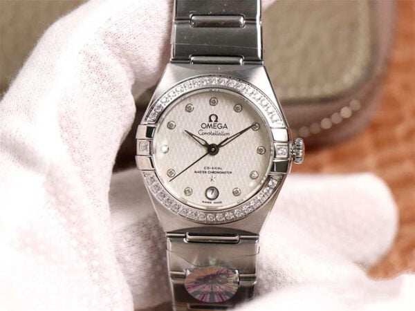 dong ho nu omega constellation vien da day thep replica 29mm 1