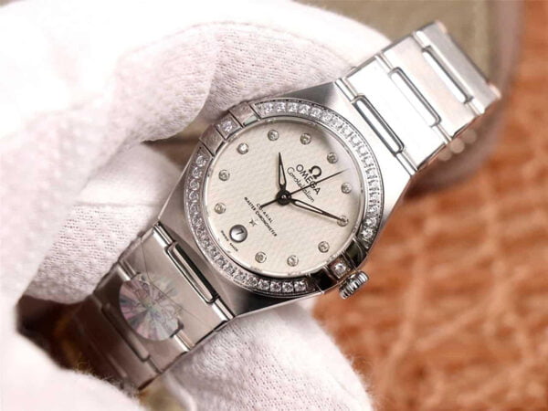 dong ho nu omega constellation vien da day thep replica 29mm 2