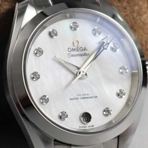 dong ho omega omega aqua terra dial trang coc so diamond day kim loai replica cao cap 34 mm 6