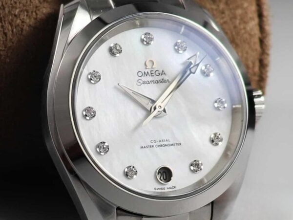 dong ho omega omega aqua terra dial trang coc so diamond day kim loai replica cao cap 34 mm 6