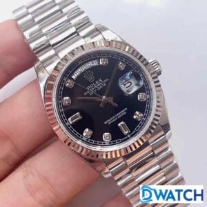 ĐỒNG HỒ CƠ NAM DÂY KIM LOẠI MẶT MÀU ĐEN ROLEX DAY-DATE REPLICA 1:1 CAO CẤP 36MM