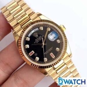 ĐỒNG HỒ ROLEX DAY-DATE NAM MÁY CƠ DÂY KIM LOẠI MẶT MÀU ĐEN REP 1:1 CAO CẤP 36MM