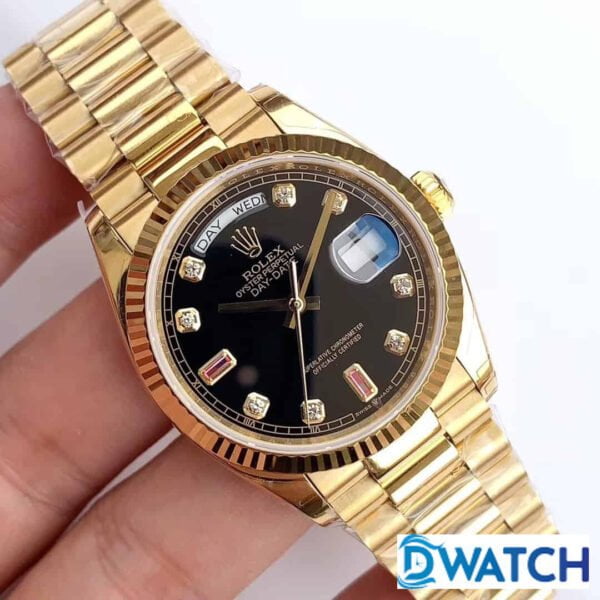 ĐỒNG HỒ ROLEX DAY-DATE NAM MÁY CƠ DÂY KIM LOẠI MẶT MÀU ĐEN REP 1:1 CAO CẤP 36MM