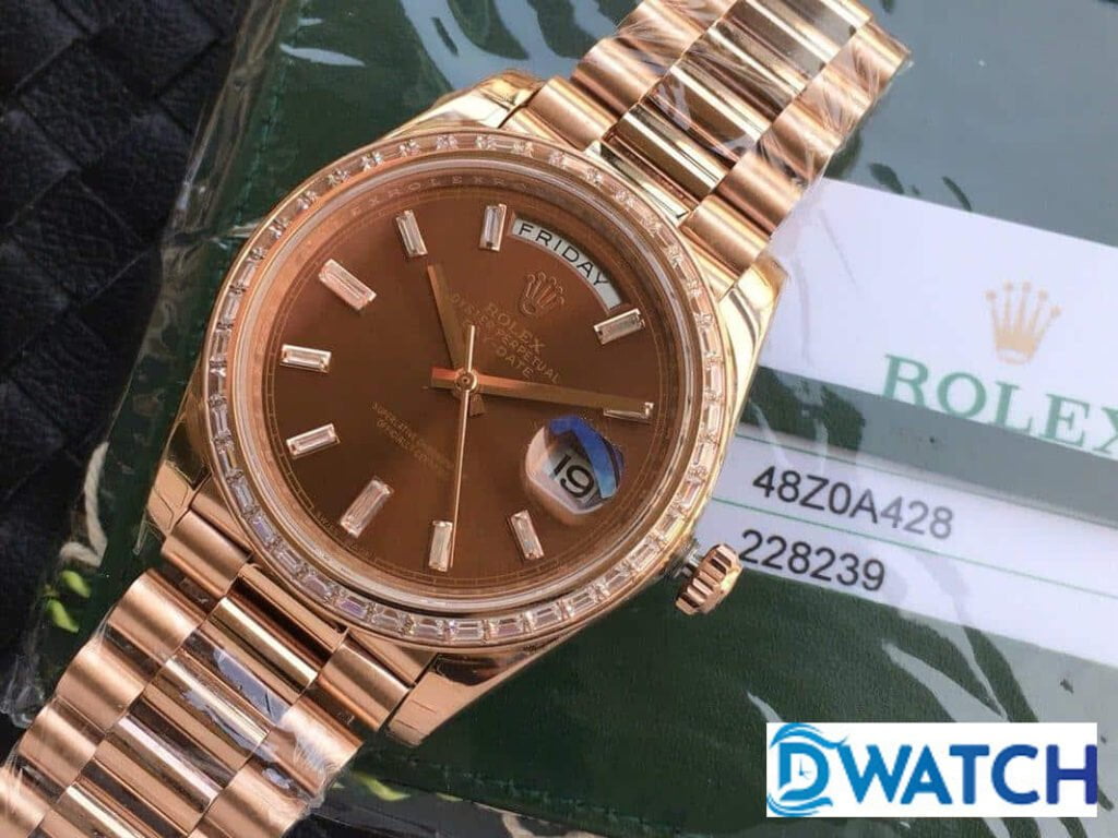 ĐỒNG HỒ ROLEX DAY-DATE NAM MÁY CƠ DÂY KIM LOẠI ĐÍNH ĐÁ BAGUETTE REPLICA 1:1 CAO CẤP 40MM