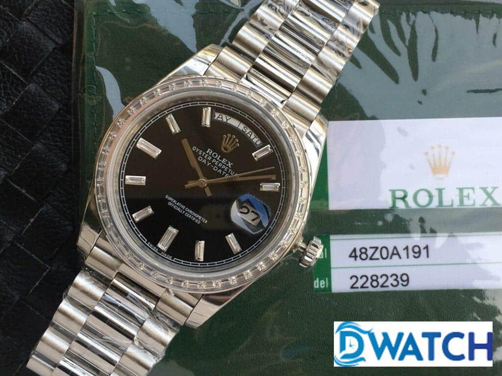 ĐỒNG HỒ ROLEX DAY-DATE NAM MÁY CƠ DÂY KIM LOẠI ĐÍNH ĐÁ REPLICA 1:1 CAO CẤP 40MM