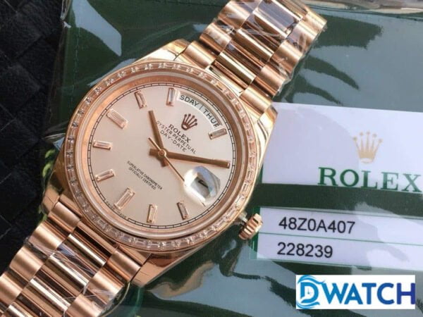 ĐỒNG HỒ ROLEX DAY-DATE NAM MÁY CƠ ĐÍNH ĐÁ MÀU ROSE GOLD REPLICA 1:1 CAO CẤP 40MM