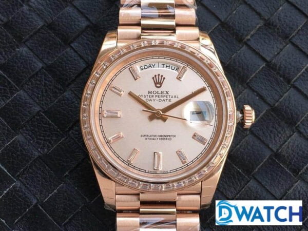 ĐỒNG HỒ ROLEX DAY-DATE NAM MÁY CƠ ĐÍNH ĐÁ MÀU ROSE GOLD REPLICA 1:1 CAO CẤP 40MM