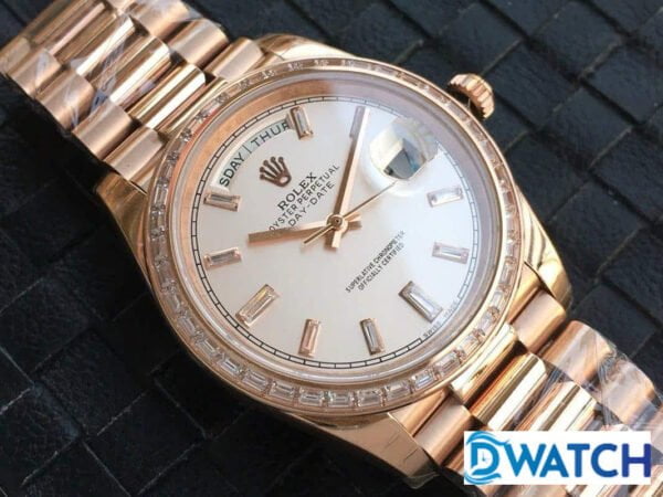 ĐỒNG HỒ ROLEX DAY-DATE NAM MÁY CƠ ĐÍNH ĐÁ MÀU ROSE GOLD REPLICA 1:1 CAO CẤP 40MM