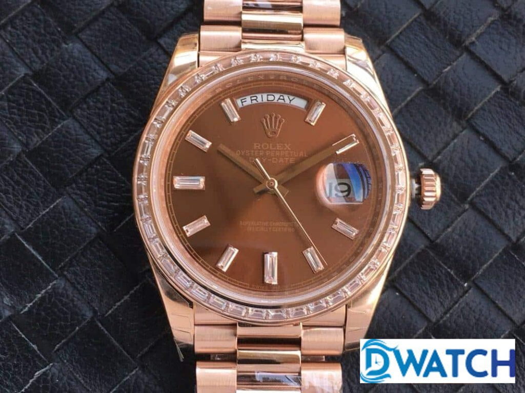 ĐỒNG HỒ ROLEX DAY-DATE NAM MÁY CƠ DÂY KIM LOẠI ĐÍNH ĐÁ BAGUETTE REPLICA 1:1 CAO CẤP 40MM