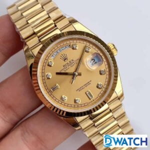 ĐỒNG HỒ ROLEX DAY-DATE NAM MÁY CƠ DÂY KIM LOẠI MÀU GOLD REPLICA 1:1 CAO CẤP 36MM