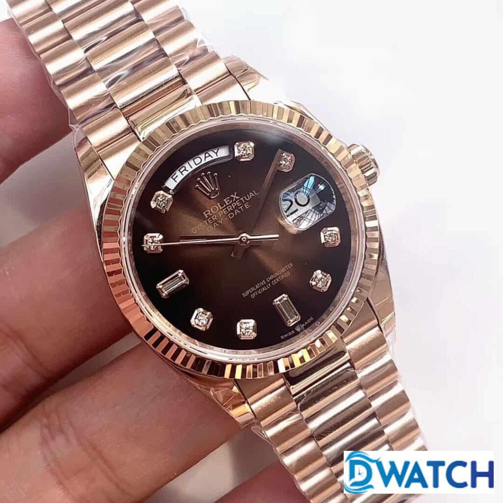 ĐỒNG HỒ CƠ NAM DÂY KIM LOẠI MÀU ROSE GOLD ROLEX DAY-DATE REPLICA 1:1 CAO CẤP 36MM