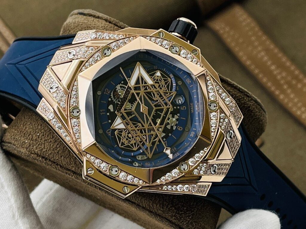 ĐỒNG HỒ ĐÍNH ĐÁ NAM MÁY CƠ MÀU XANH HUBLOT BIG BANG SANG BLEU ll CHRONOGRAP REP 1:1 CAO CẤP 45MM