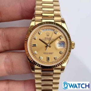 ĐỒNG HỒ ROLEX DAY-DATE NAM MÁY CƠ DÂY KIM LOẠI MÀU GOLD REPLICA 1:1 CAO CẤP 36MM