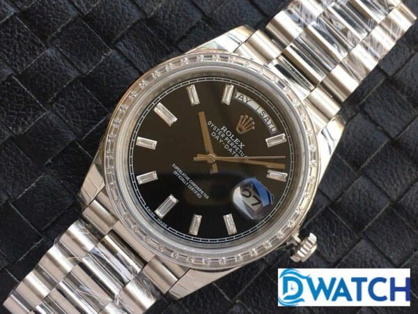 ĐỒNG HỒ ROLEX DAY-DATE NAM MÁY CƠ DÂY KIM LOẠI ĐÍNH ĐÁ REPLICA 1:1 CAO CẤP 40MM