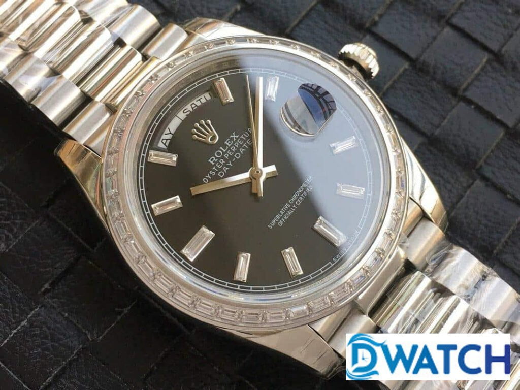 ĐỒNG HỒ ROLEX DAY-DATE NAM MÁY CƠ DÂY KIM LOẠI ĐÍNH ĐÁ REPLICA 1:1 CAO CẤP 40MM