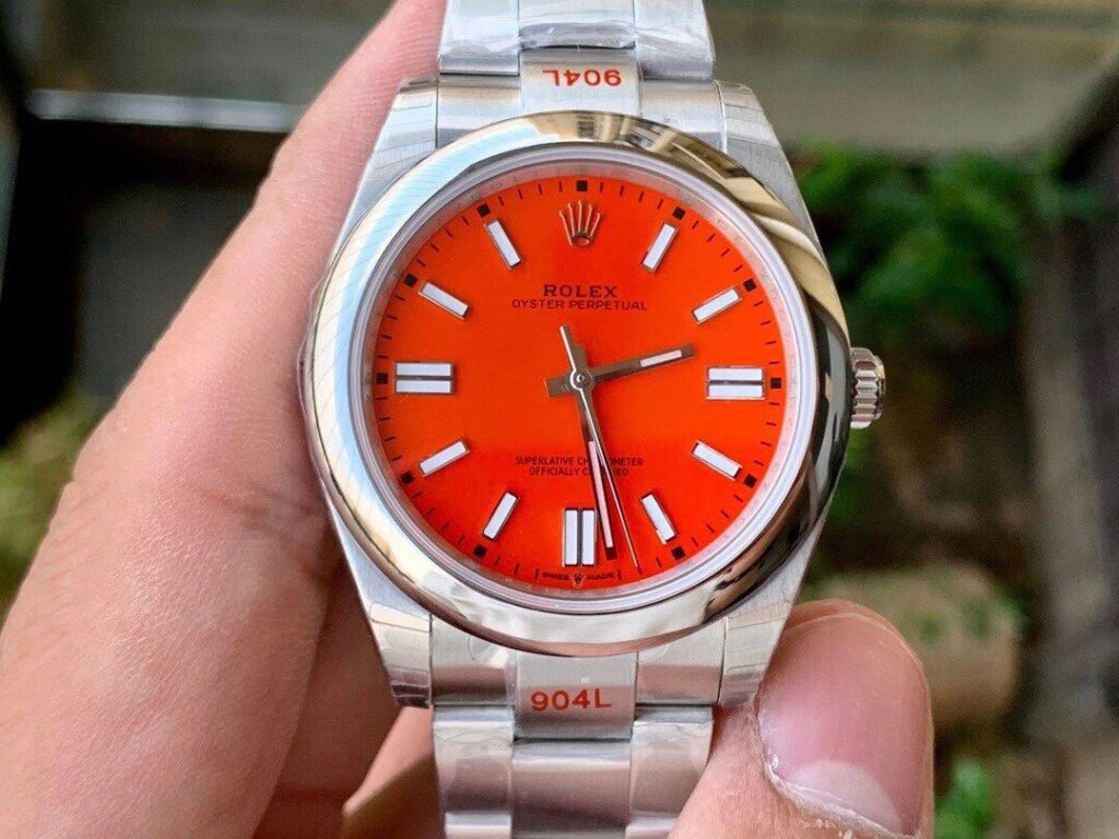 ĐỒNG HỒ ROLEX OYSTER PERPETUAL CƠ NAM DÂY KIM LOẠI MẶT MÀU ĐỎ EW FACTORY REP 1:1 CAO CẤP 41MM