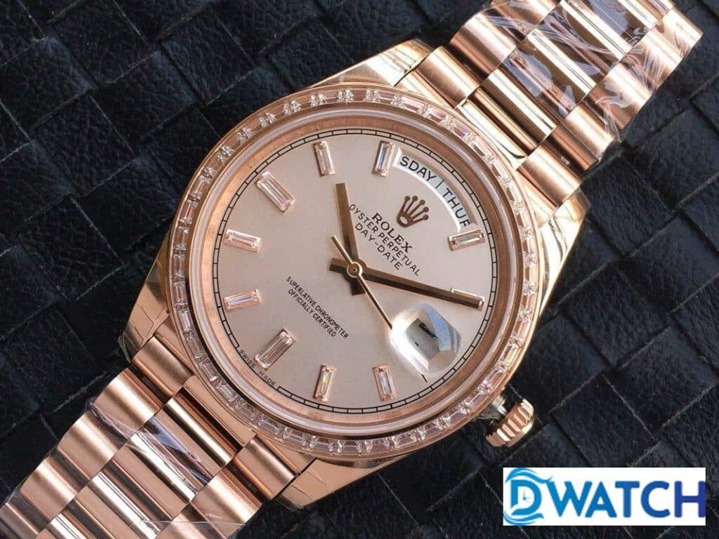 ĐỒNG HỒ ROLEX DAY-DATE NAM MÁY CƠ ĐÍNH ĐÁ MÀU ROSE GOLD REPLICA 1:1 CAO CẤP 40MM