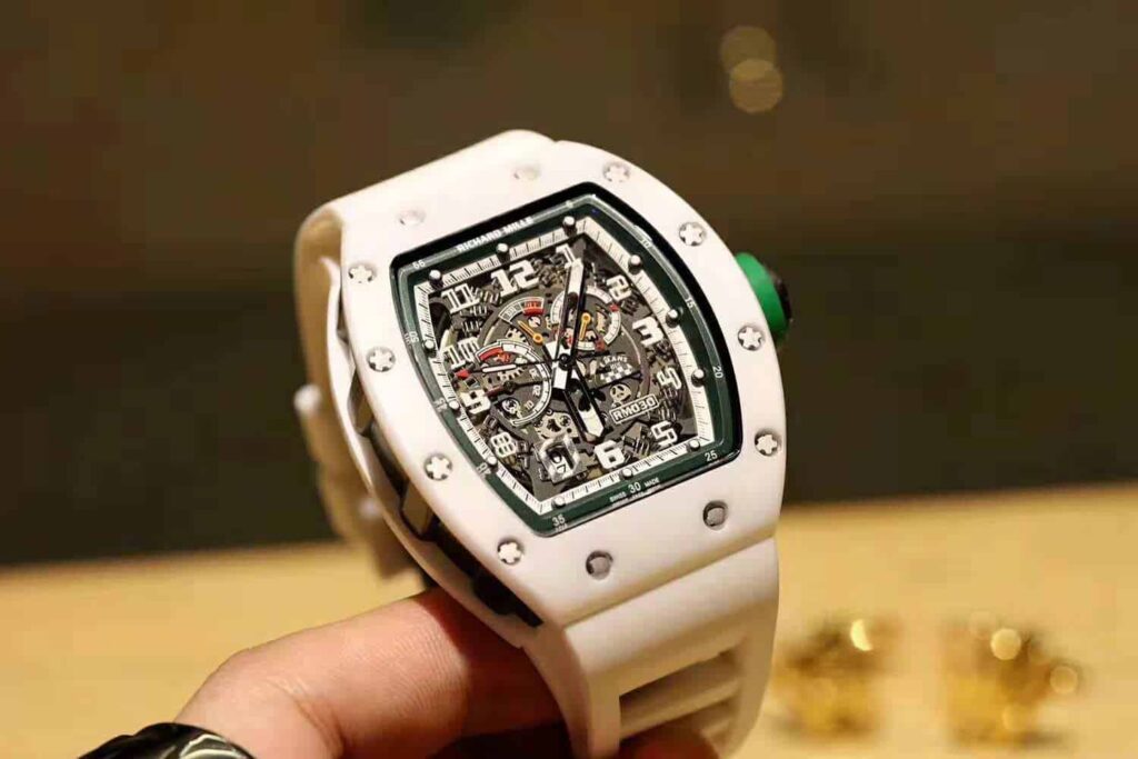 ĐỒNG HỒ NAM RICHARD MILLE RM030 HAI MÀU TRẮNG XANH FAKE 11 43X50MM