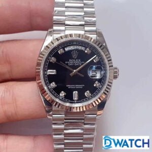 ĐỒNG HỒ CƠ NAM DÂY KIM LOẠI MẶT MÀU ĐEN ROLEX DAY-DATE REPLICA 1:1 CAO CẤP 36MM