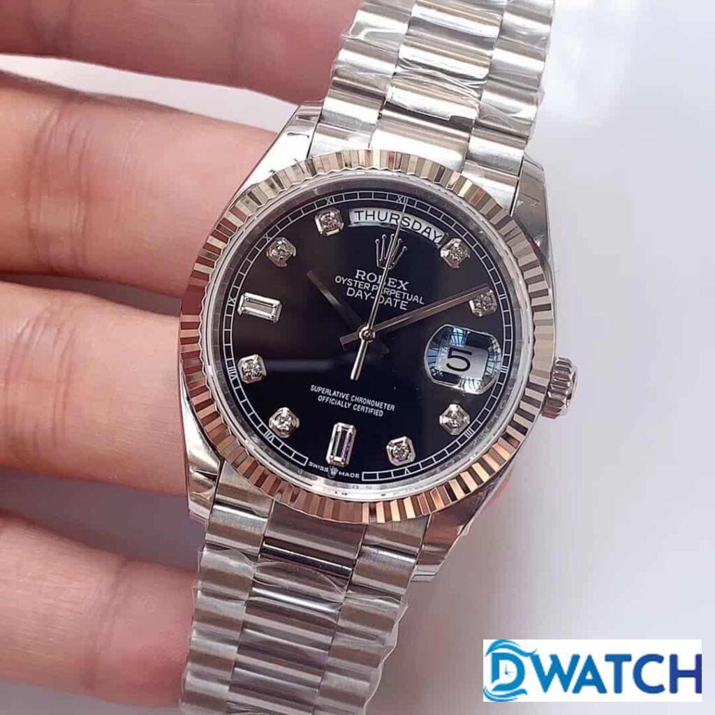 ĐỒNG HỒ CƠ NAM DÂY KIM LOẠI MẶT MÀU ĐEN ROLEX DAY-DATE REPLICA 1:1 CAO CẤP 36MM