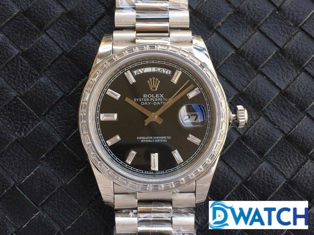 ĐỒNG HỒ ROLEX DAY-DATE NAM MÁY CƠ DÂY KIM LOẠI ĐÍNH ĐÁ REPLICA 1:1 CAO CẤP 40MM