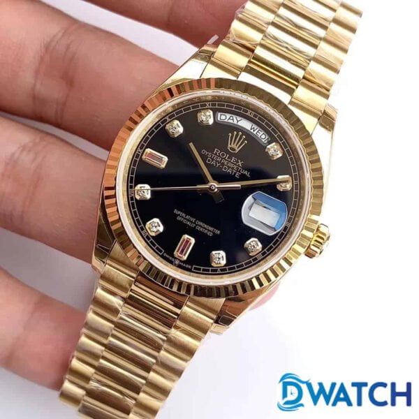 ĐỒNG HỒ ROLEX DAY-DATE NAM MÁY CƠ DÂY KIM LOẠI MẶT MÀU ĐEN REP 1:1 CAO CẤP 36MM