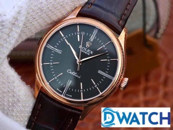 ĐỒNG HỒ CƠ NAM DÂY DA MẶT MÀU ĐEN ROLEX CELLINI REPLICA 1:1 CAO CẤP 39MM