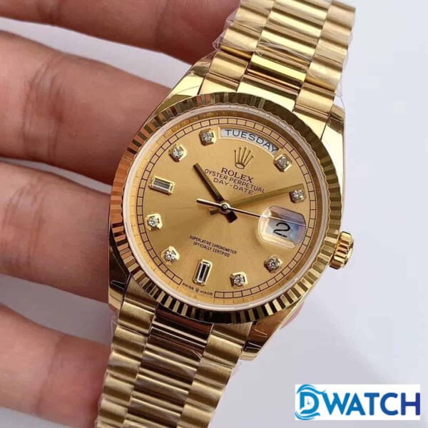 ĐỒNG HỒ ROLEX DAY-DATE NAM MÁY CƠ DÂY KIM LOẠI MÀU GOLD REPLICA 1:1 CAO CẤP 36MM