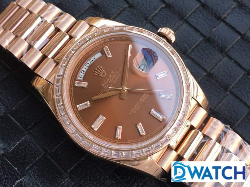 ĐỒNG HỒ ROLEX DAY-DATE NAM MÁY CƠ DÂY KIM LOẠI ĐÍNH ĐÁ BAGUETTE REPLICA 1:1 CAO CẤP 40MM