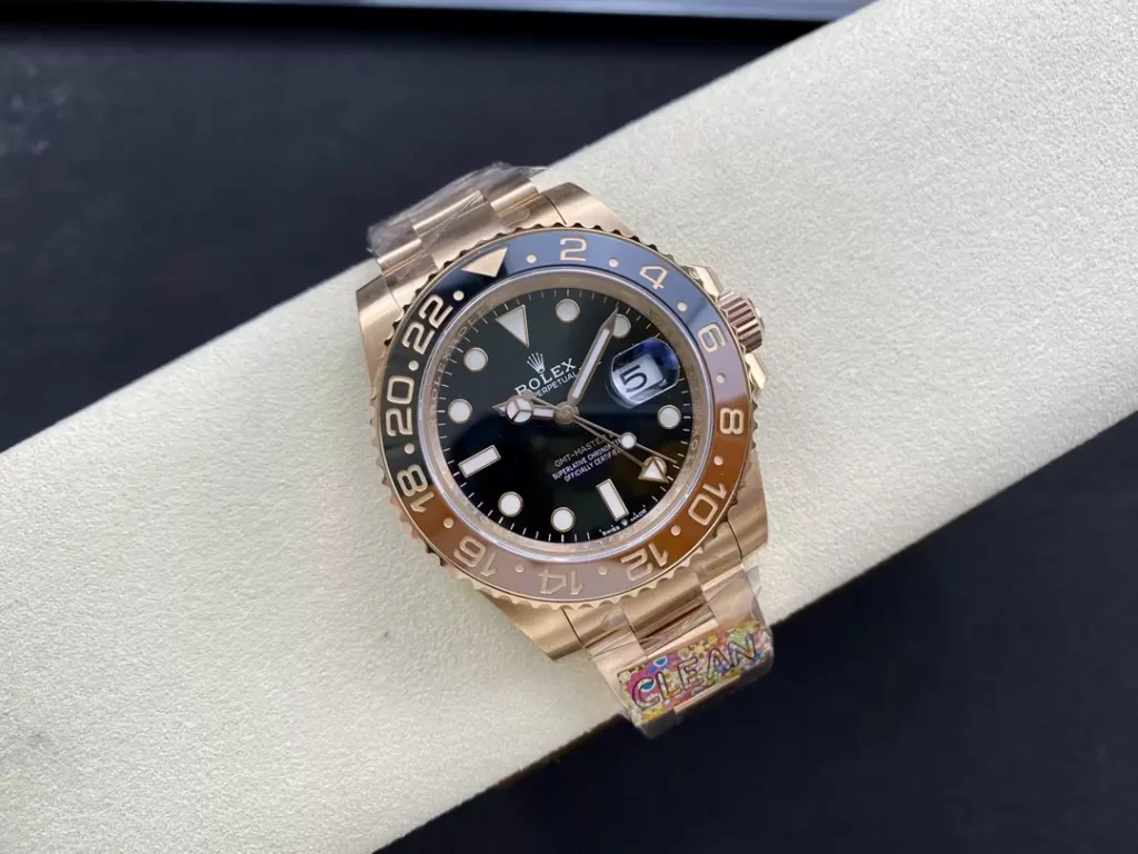 ĐỒNG HỒ NAM ROLEX GMT-MASTER II REP CAO CẤP MẶT SỐ ĐEN VỎ VÀNG HỒNG 40MM