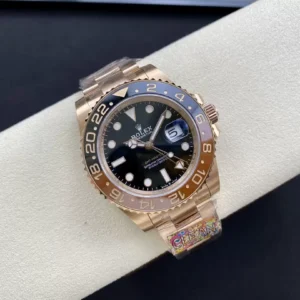 ĐỒNG HỒ NAM ROLEX GMT-MASTER II REP CAO CẤP MẶT SỐ ĐEN VỎ VÀNG HỒNG 40MM