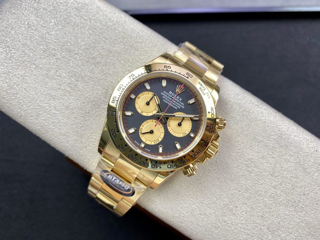 ĐỒNG HỒ NAM ROLEX DAYTONA REPLICA MẶT SỐ ĐEN BEZEL MÀU VÀNG 40MM