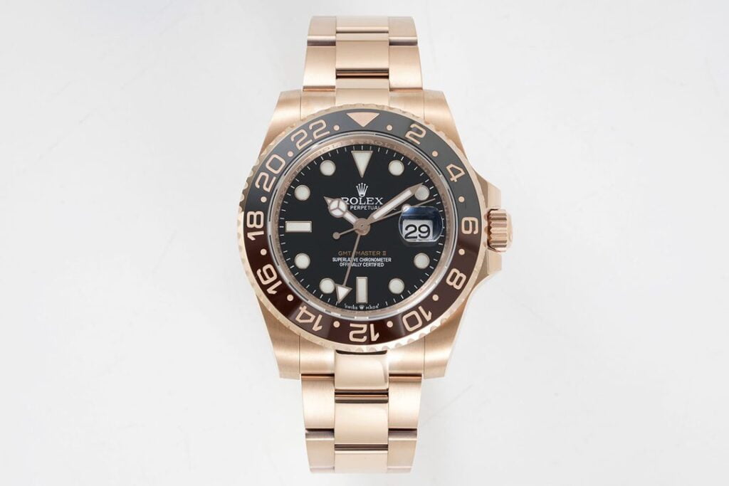 ĐỒNG HỒ NAM ROLEX GMT-MASTER ll REPLICA 1:1 MẶT SỐ ĐEN VỎ VÀNG HỒNG 40MM