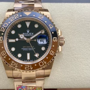 ĐỒNG HỒ NAM ROLEX GMT-MASTER II REP CAO CẤP MẶT SỐ ĐEN VỎ VÀNG HỒNG 40MM