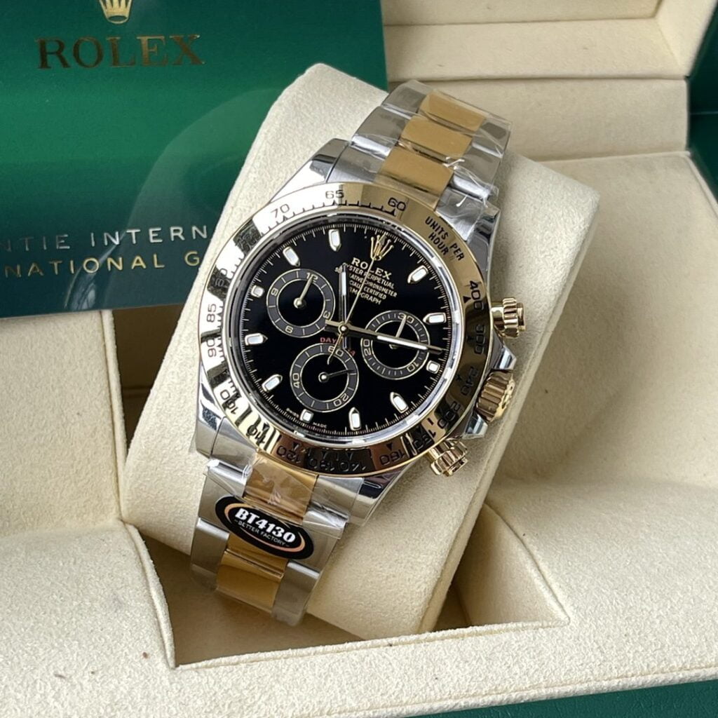 ĐỒNG HỒ NAM ROLEX DAYTONA REPLICA 1:1 MẶT SỐ ĐEN BEZEL VÀNG 40MM