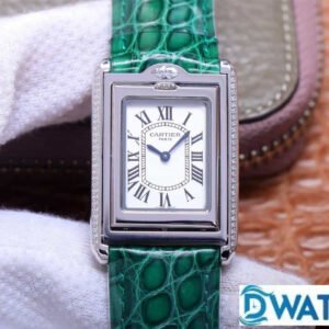 ĐỒNG HỒ NỮ CARTIER TANK BASCULANTE FAKE 1:1 NHÀ MÁY AW DÂY DA XANH 31MM