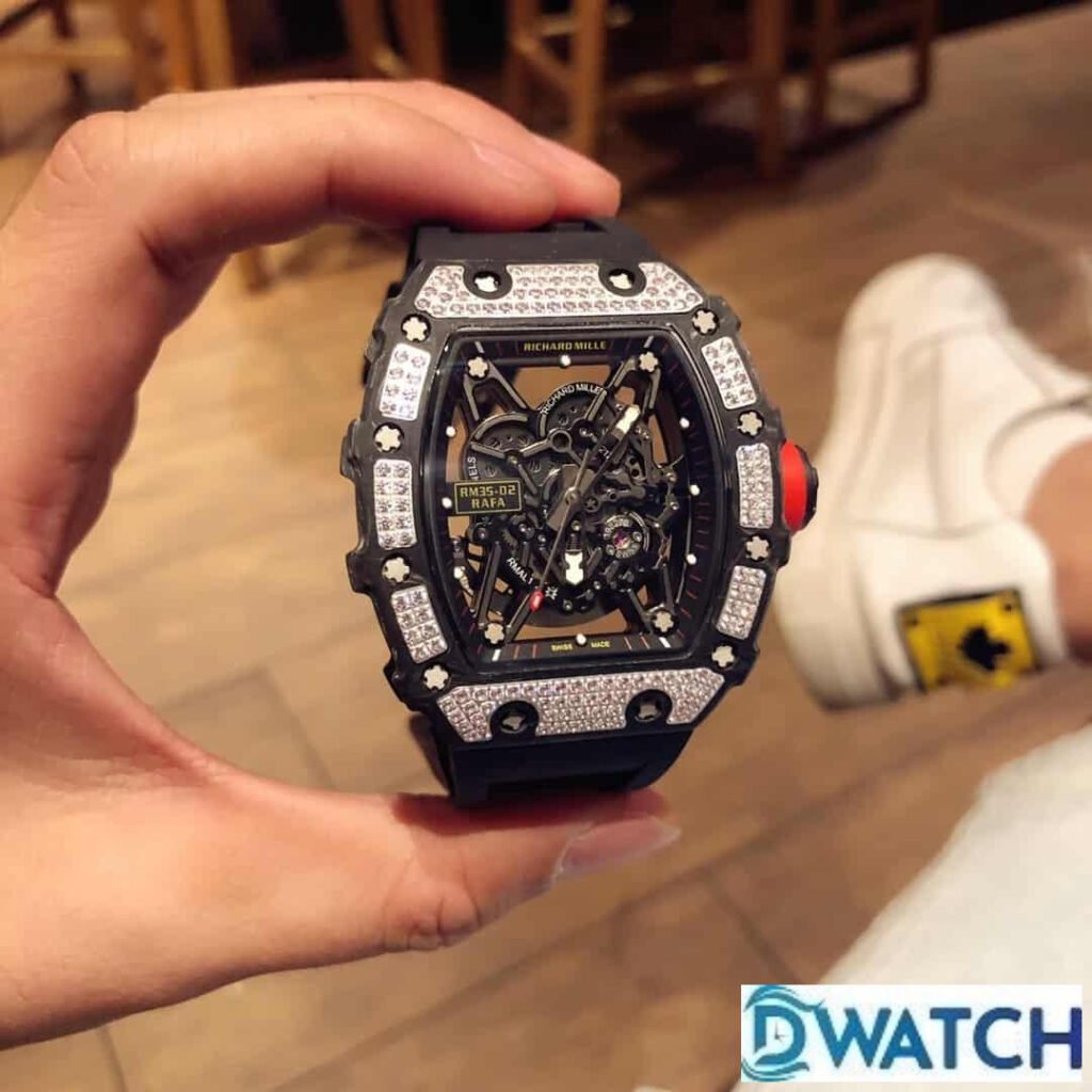 ĐỒNG HỒ NAM RICHARD MILLE RM35-02 REPLICA CAO CẤP ĐÍNH ĐÁ DÂY CAO SU ĐEN 44MM