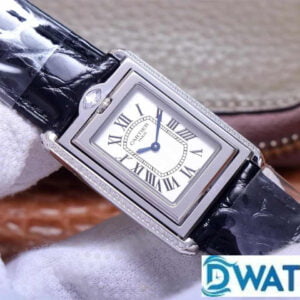 ĐỒNG HỒ NỮ CARTIER TANK BASCULANTE FAKE 1:1 NHÀ MÁY AW DÂY DA ĐEN 31MM